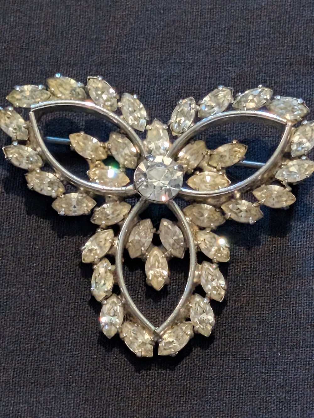 Crystal Floral Silver-Tone Brooch - Clear Rhinestone Accent 50's Or 60's Era
